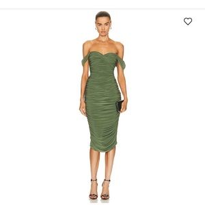 Norma Kamali Olive Green Off-Shoulder Ruched Midi Dress